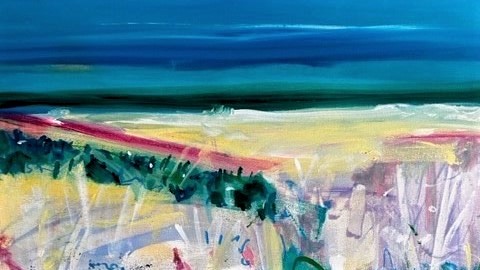 Expressionist landscape painting with ocean and sky blending in the background, sand in the middle and vegetation in bold strokes in the foreground. 