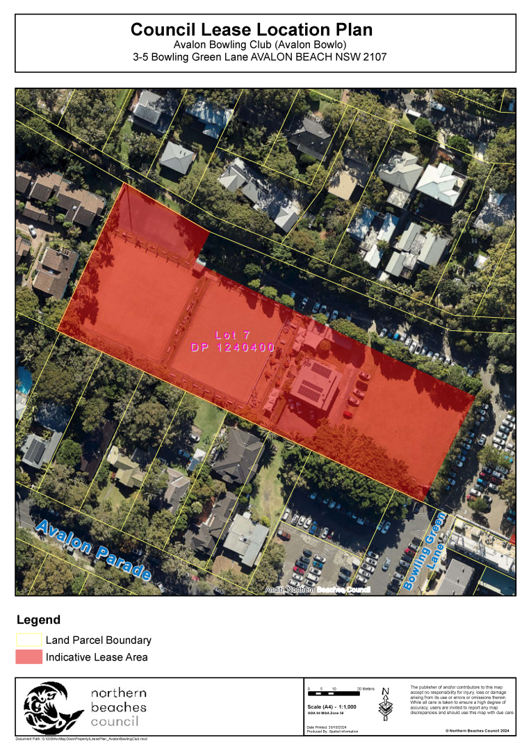 Council Lease Location Plan for the proposed lease of Avalon Bowling Club, the intended area is shaded in red. 