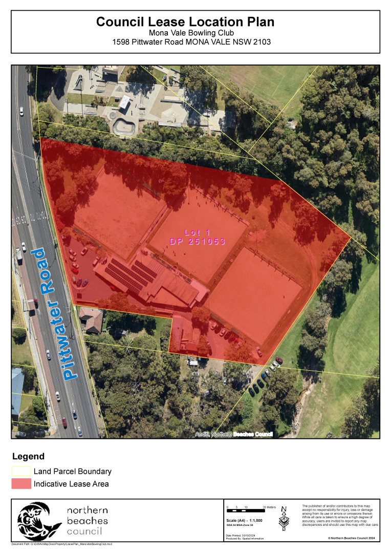 Council Lease Location Plan for the proposed lease of Mona Vale Bowling Club, the intended area is shaded in red. 