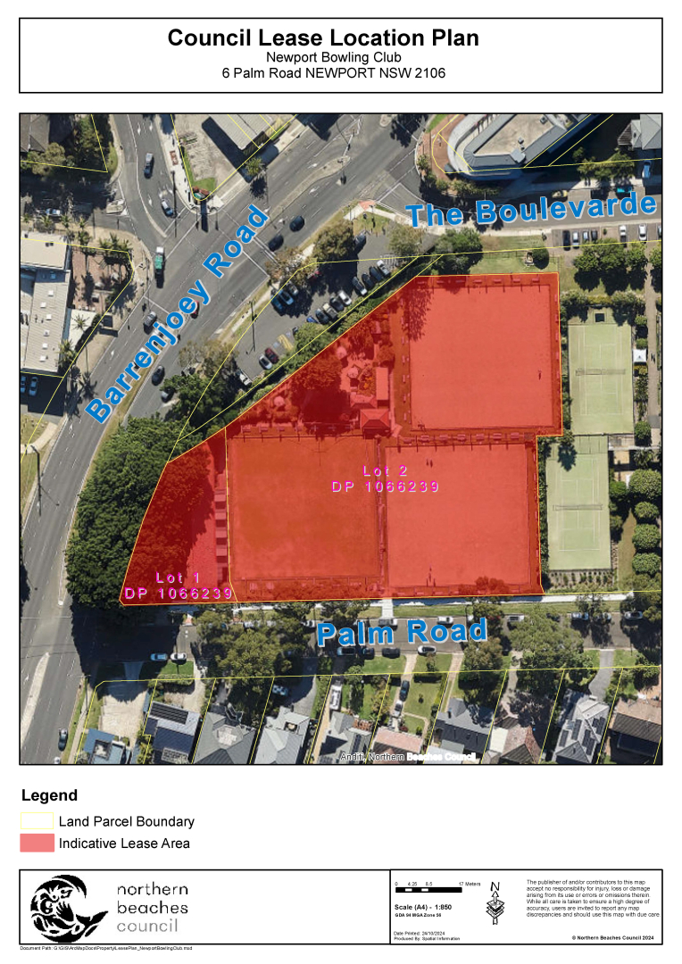 Council Lease Location Plan for the proposed lease of Newport Bowling Club, the intended area is shaded in red. 