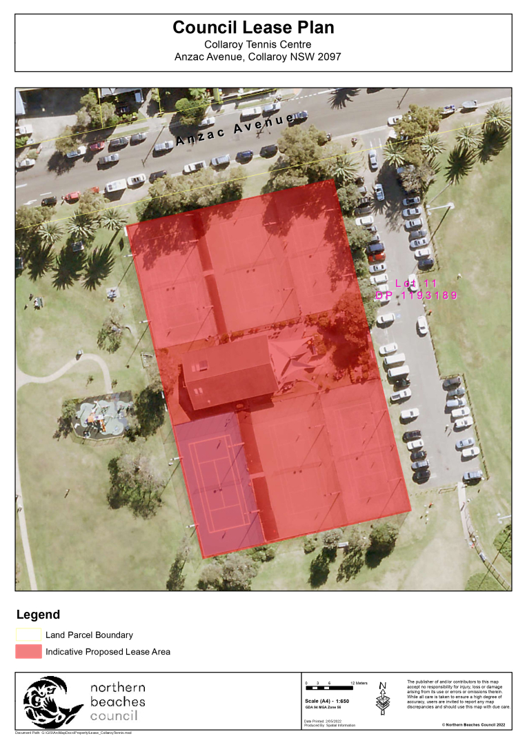 Council Lease Location Plan, bird's eye view with red shading over the intended lease area