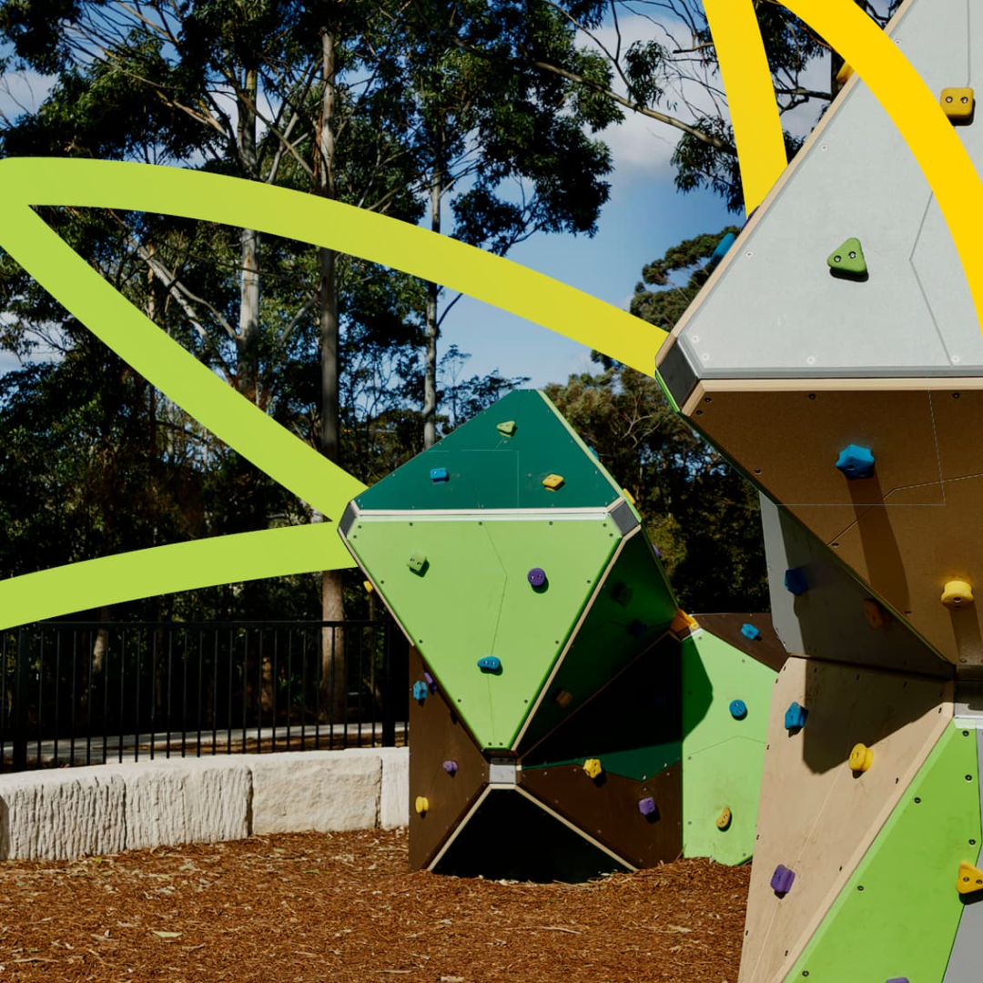 Playground with climbing apparatus. A decorative graphic of a ribbon is woven through the image.