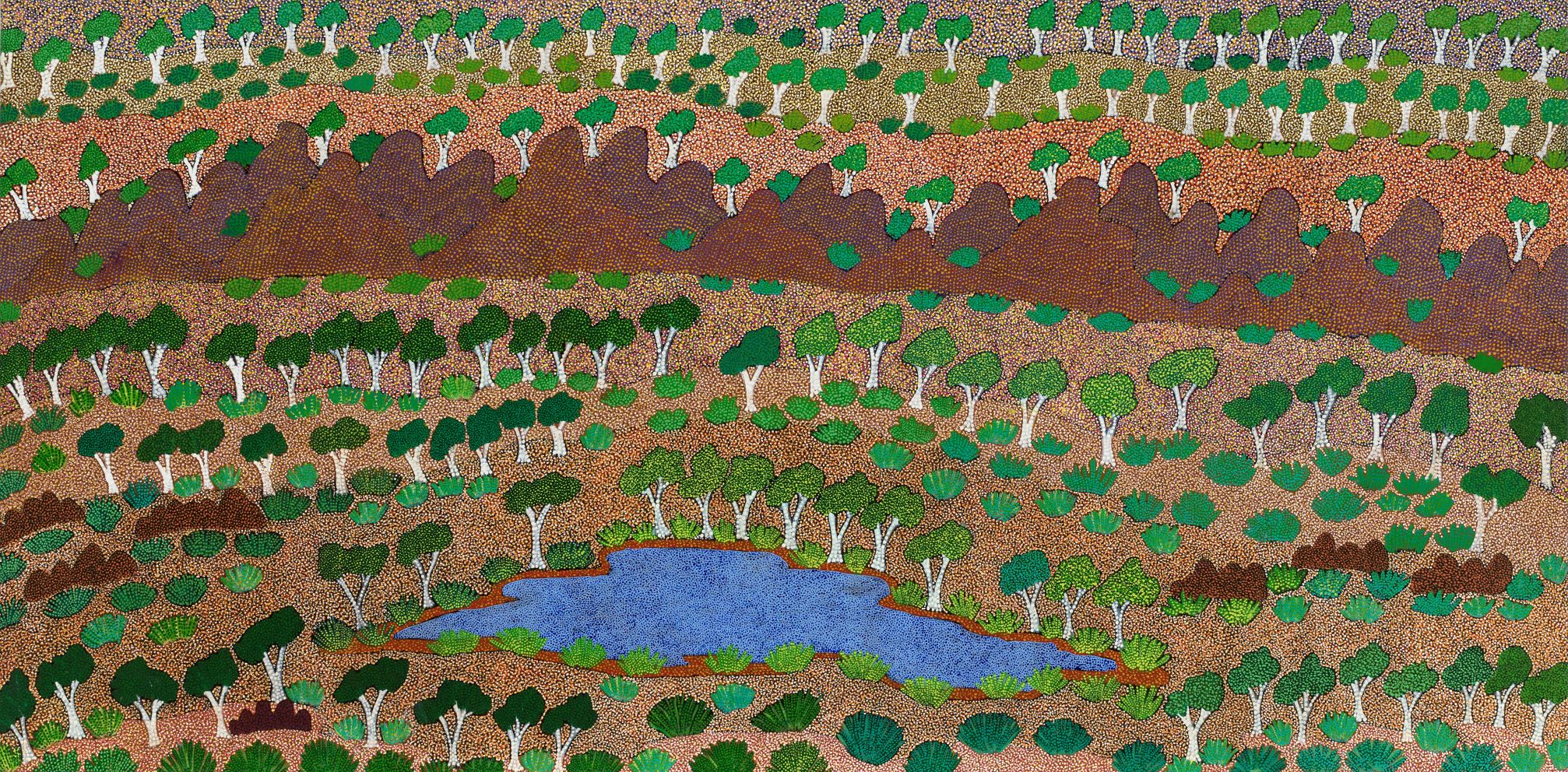 Edie Holmes Akemarr (Kemarre) (born c.1950), Alyawarre language group, Ilwemp Arnerr Ghost Gums and Waterhole, 2004