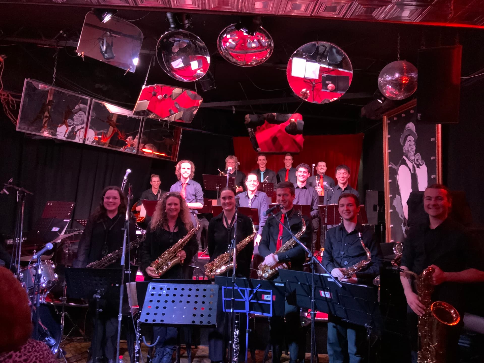 Jazz band posing with instruments