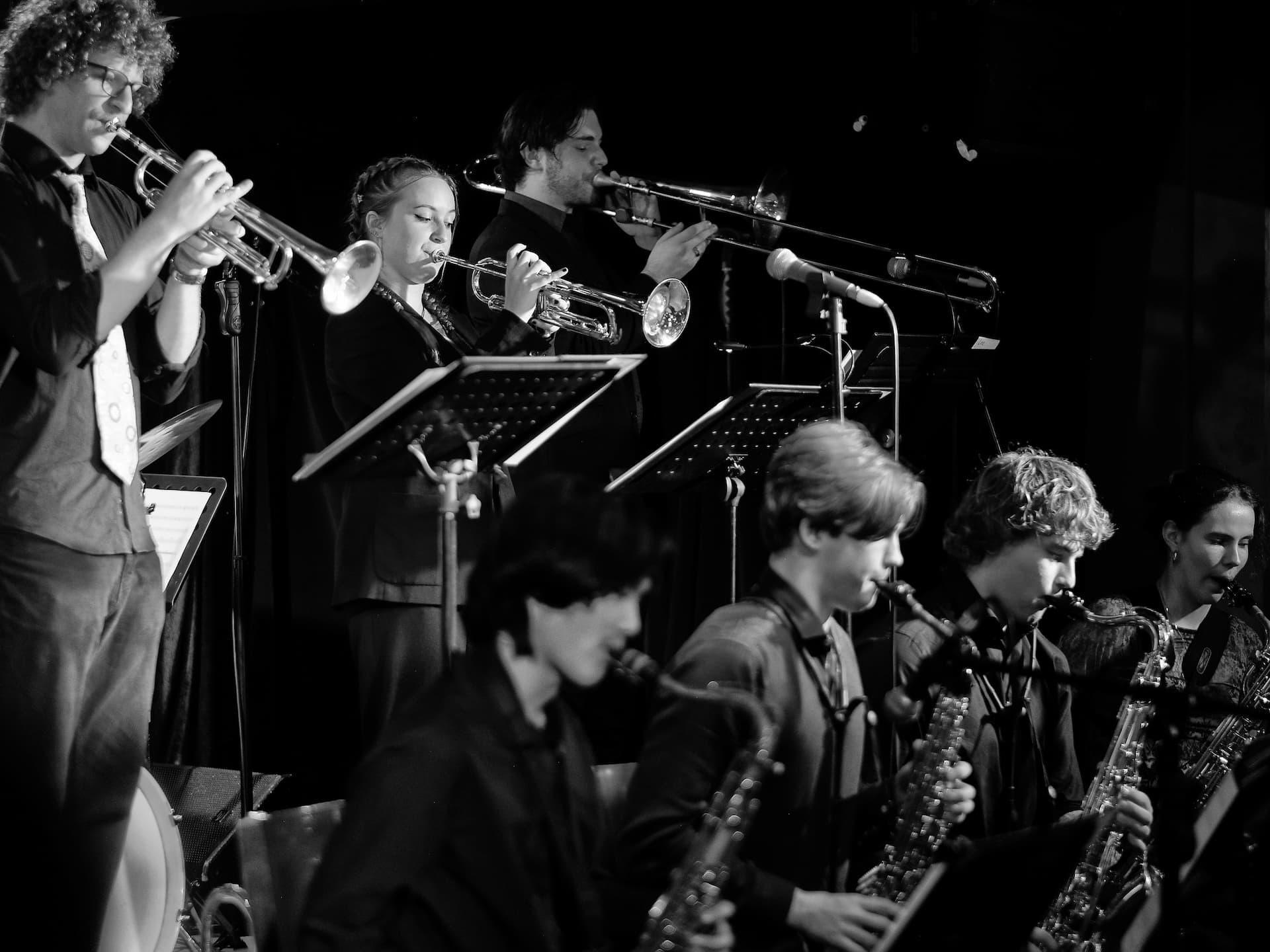 young jazz musicians performing B&W