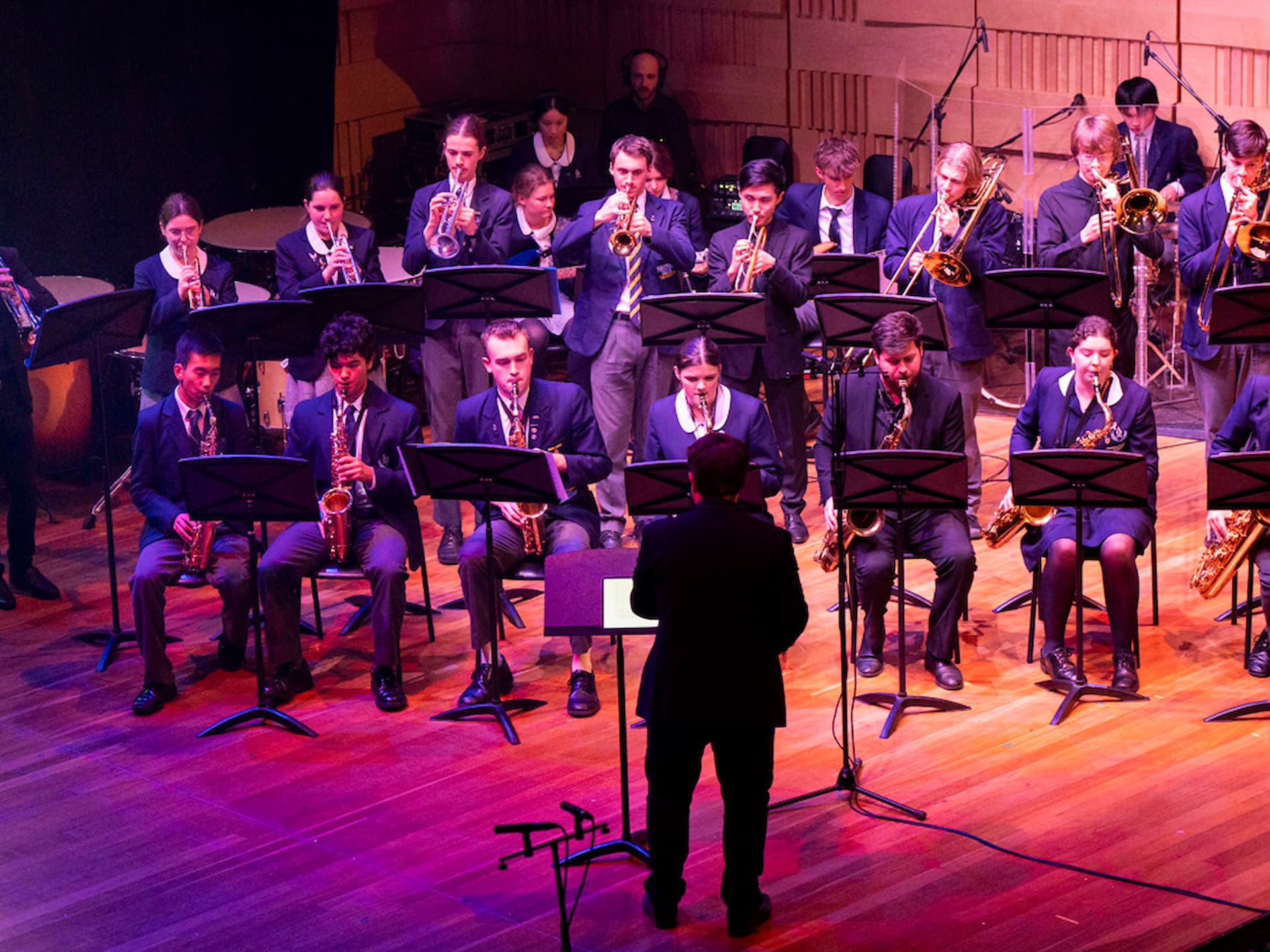 school jazz band performing on stage