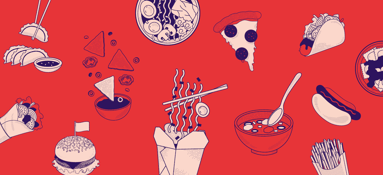 drawings of takeaway food on red background