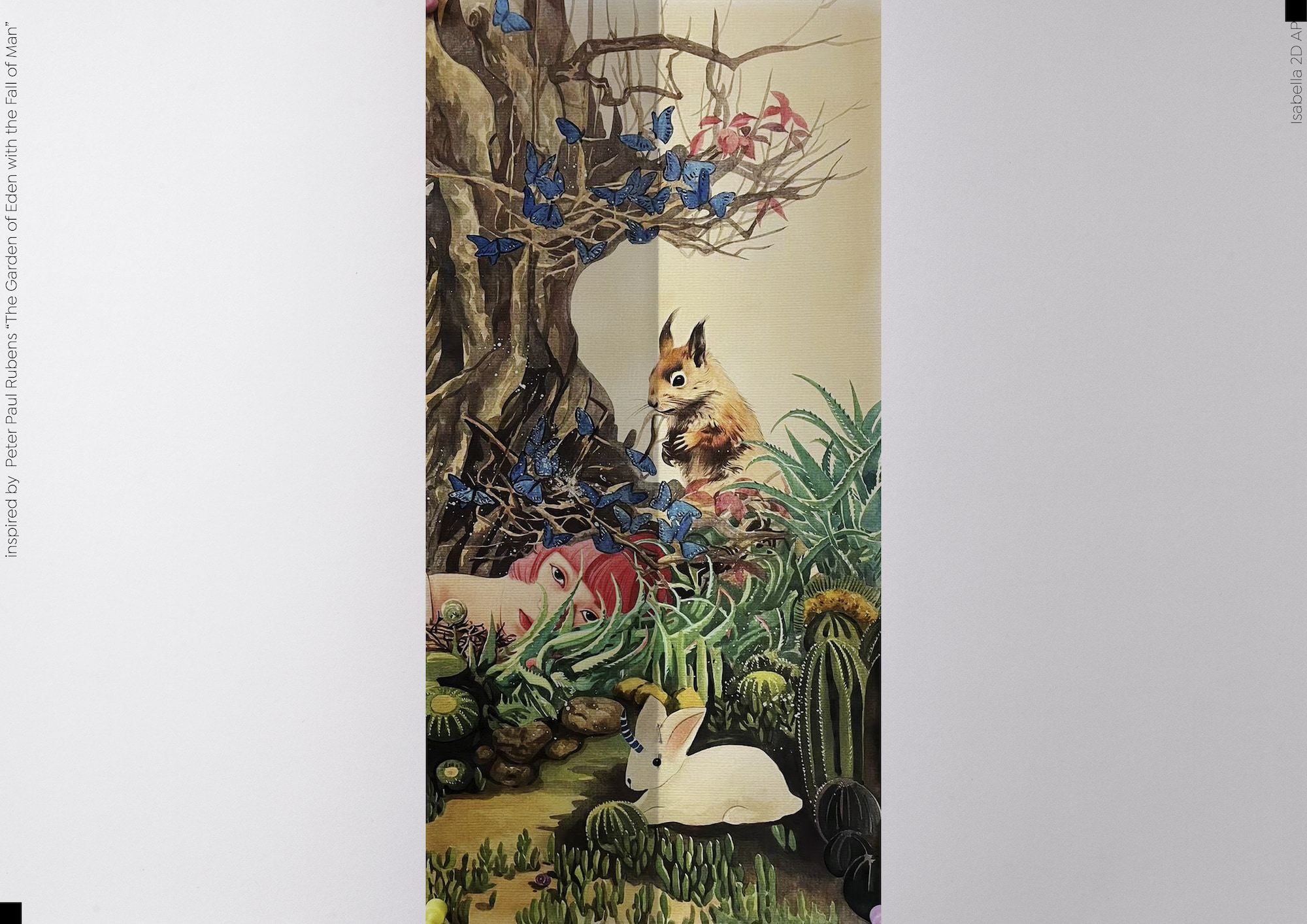 Watercolour art work featuring rabbits, butterfly, tree and person outside