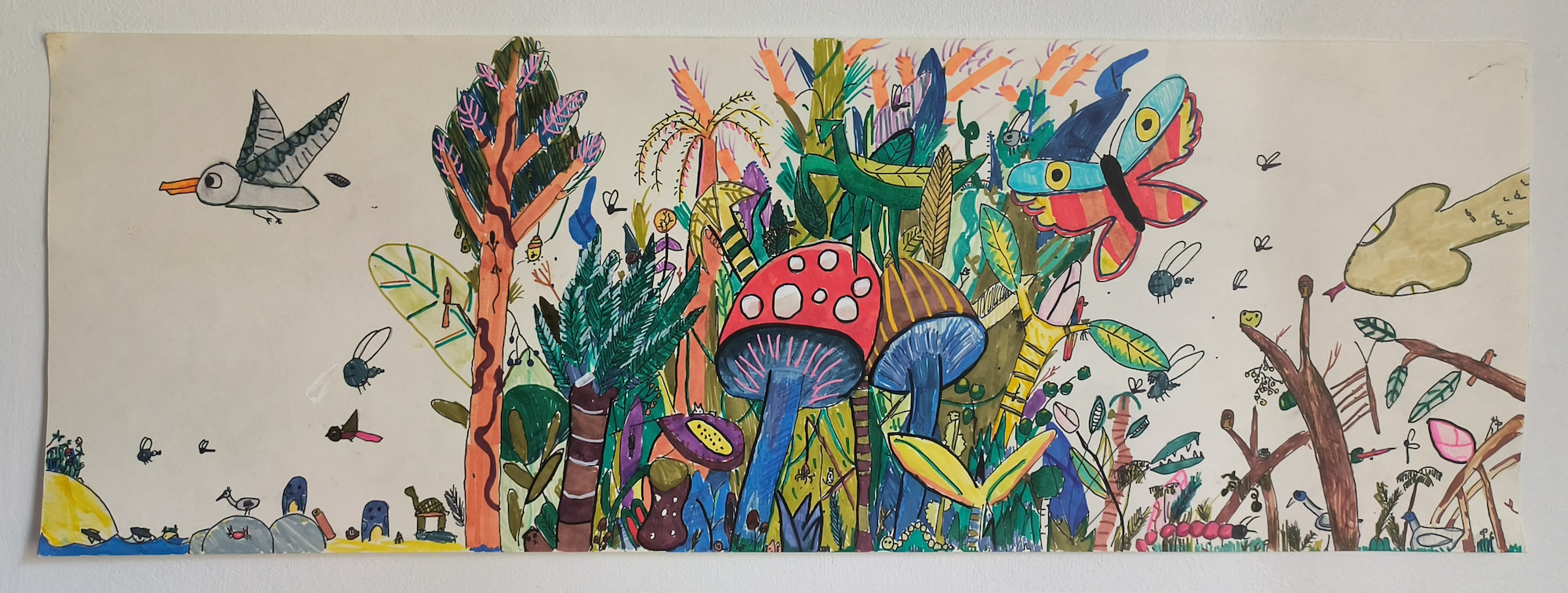 Illustration of mushrooms, butterflies, snakes and lots of animals