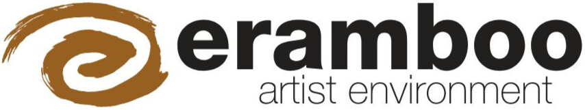 Eramboo logo - a brown swirl graphic with black text which says, Eramboo artist environment