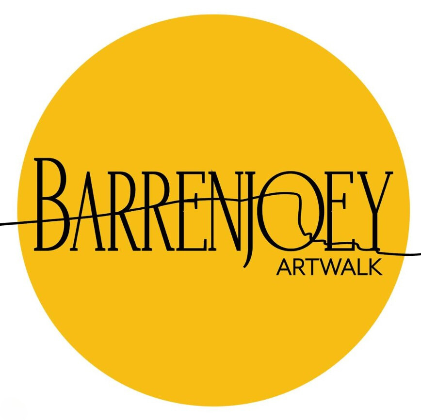 large yellow dot with the text Barrenjoey Artwalk, a line in the shape of the Barrenjoey headland is drawn across the text