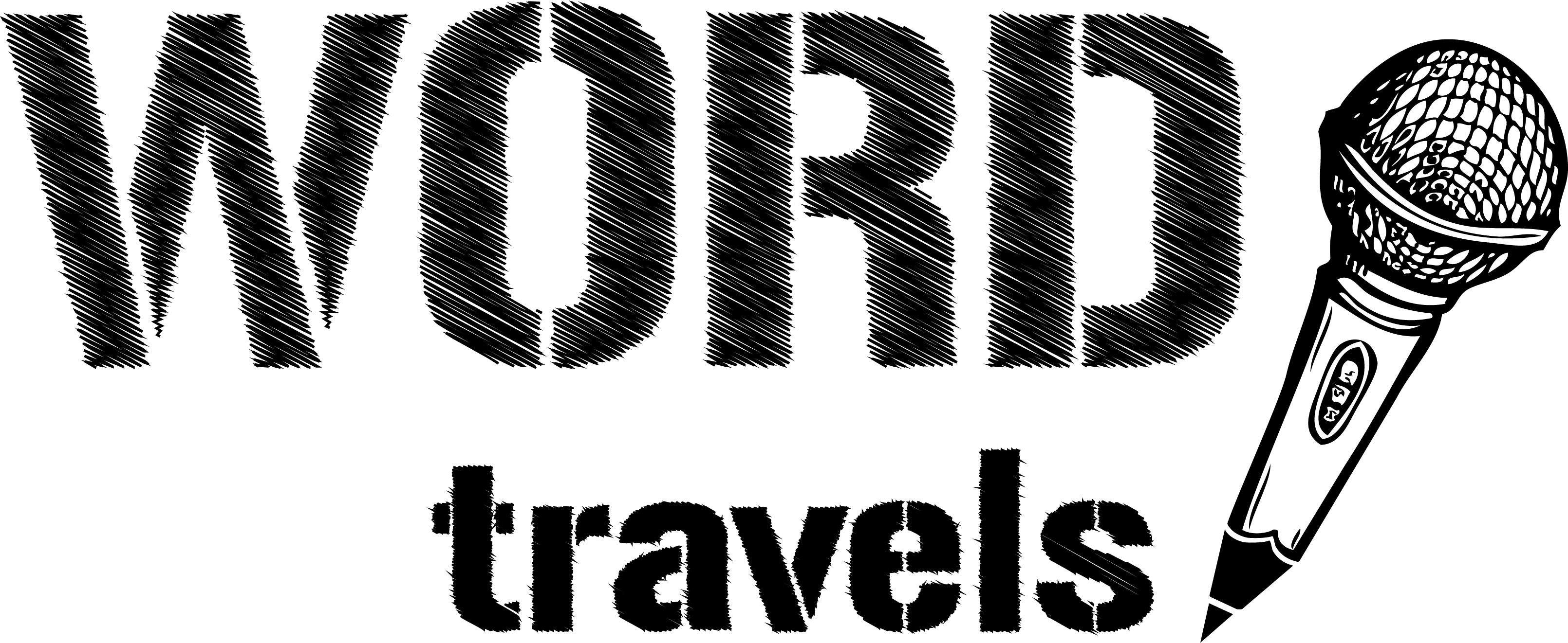 Illustrated microphone with text Word Travels