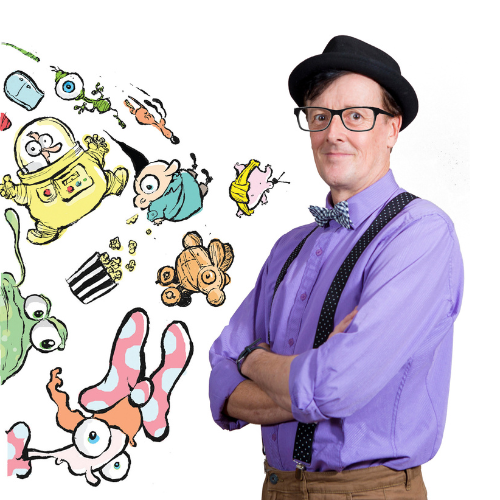 a man standing next to his illustrations