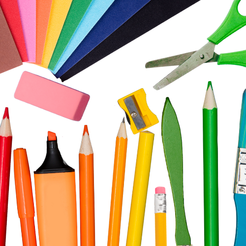 collage of art materials laid flat