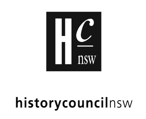 Black and white logo of History Council NSW in a box