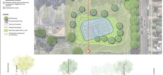 Aerial sketched map of a park with sporting playing fields and grassed areas surrounded by trees.