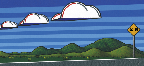 Image of artwork featuring clouds, hills and a signpost