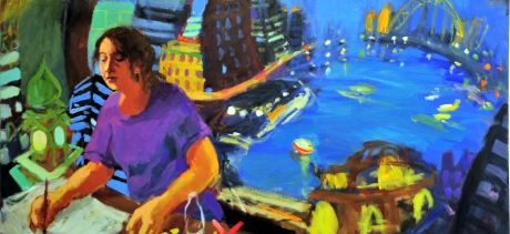 Wendy Sharpe, Blue Harbour, 2018, acrylic on canvas, 92 x 183cm. Gift of MAG&M Society 2020