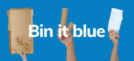 Pizza box, toilet roll and envelope on a blue background with the text Bin it blue