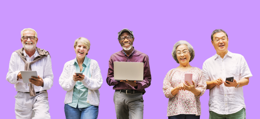 Seniors using technology devices