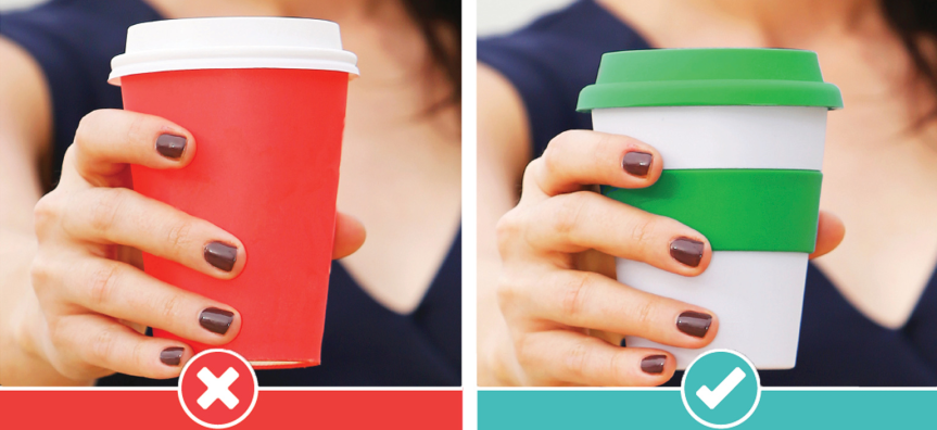 Cross mark on a single-use plastic cup and a tick next to a reusable cup