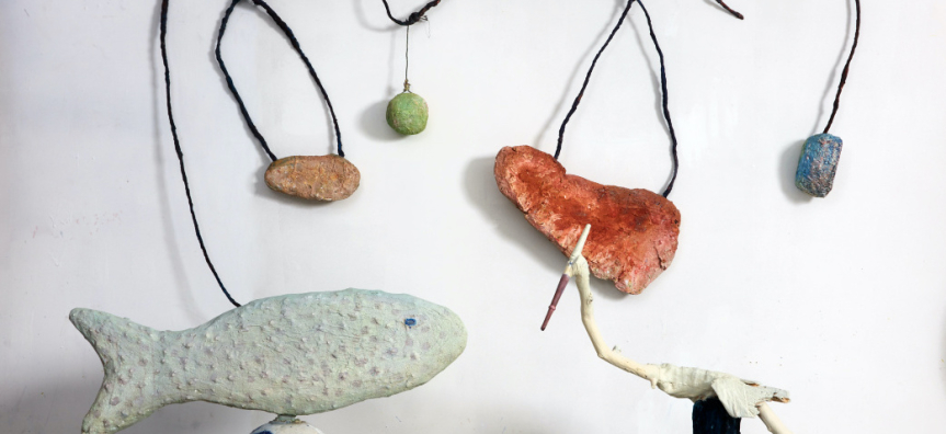 Kate Dorrough, 'River fishing hooks', 'Fish', 'Bird', concrete, wire, foam, shells, acrylic paint, 161 x 48 x 21 cm, 73x 113 x 26 cm, 93 x 68 x 57 cm, 2019