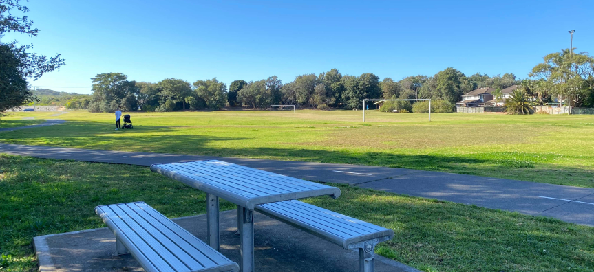 Metal picnic table in foreground and reserve in the background with soccer goals