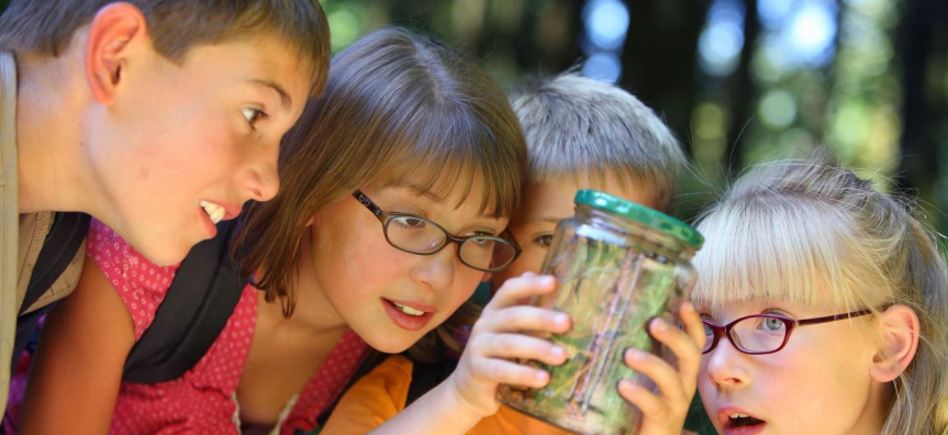 children gazing into a specimen jar