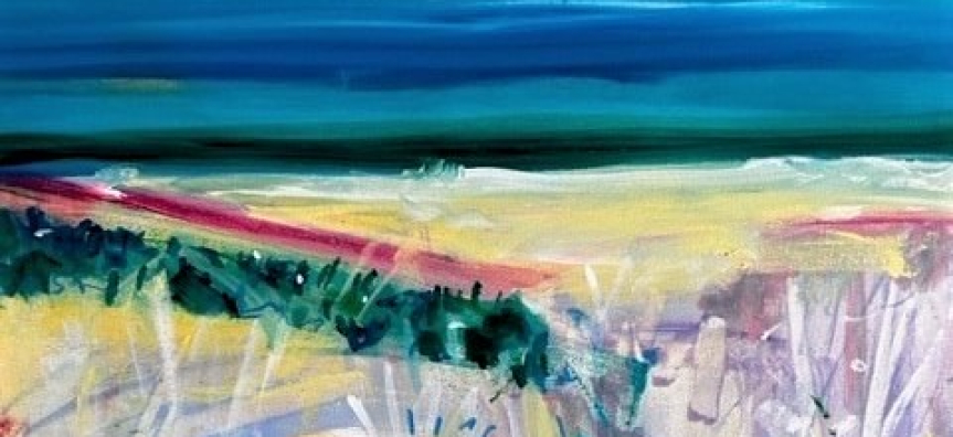 Expressionist landscape painting with ocean and sky blending in the background, sand in the middle and vegetation in bold strokes in the foreground.