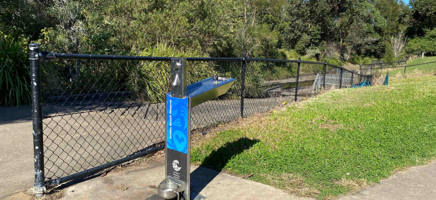 Water bubbler and dog bowl near entrance to Avalon Beach Reserve dog park