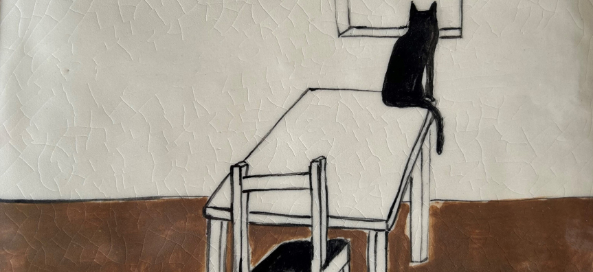 oel McKenna Cat on Table 2017 Hand-formed ceramic tile 14cm x 17.5cm