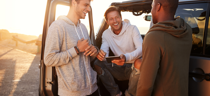 Male friends on a road trip