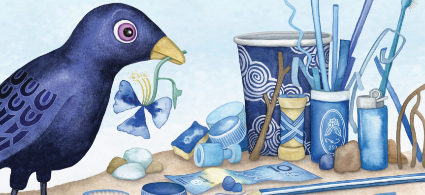 bowerbird with blue materials