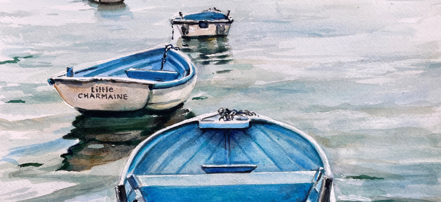 Watercolour painting of row boats moored in Pittwater