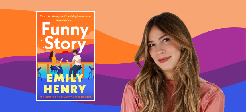 Emily Henry and her book cover for Funny Story