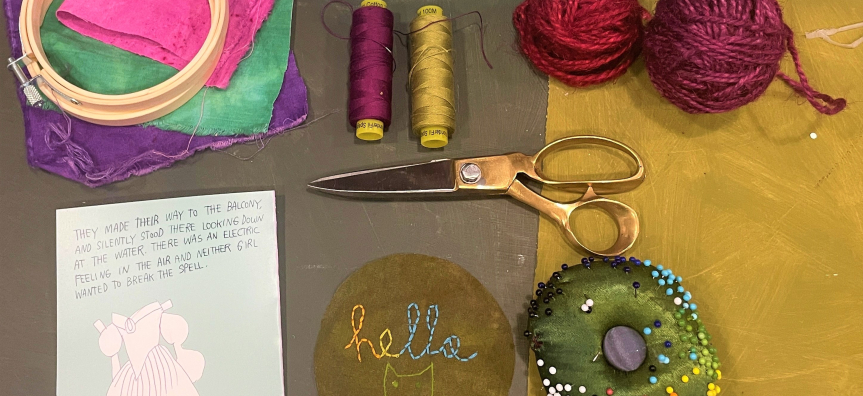 Art making materials - thread, fabric, scissors, card
