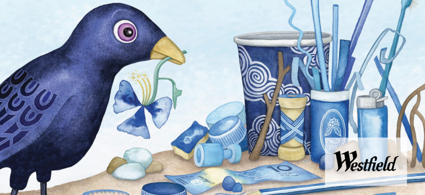 Bowerbird Blues book cover featuring a blue bird with a collection of blue objects