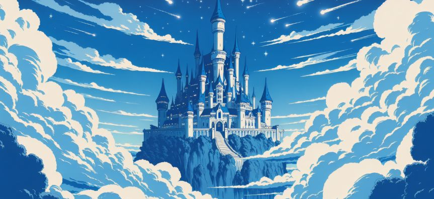 Illustration of a magical castle floating in the clouds. Like the Cinderalla castle in a Care Bears cartoon.