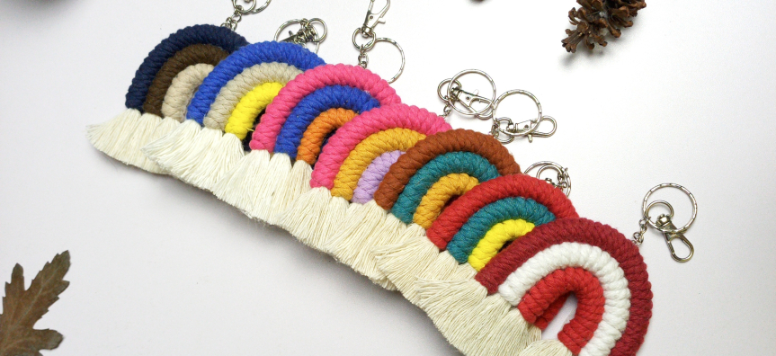 Macrame rainbow keychains in a row