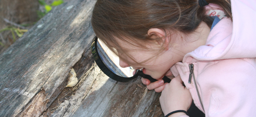 Child looking through a magnify glass