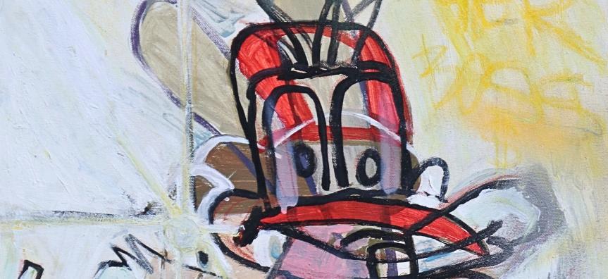 painting with layered graphics, an expressive cartoon-like face appears amongst energetically painted lines, possibly a big smiling duck.