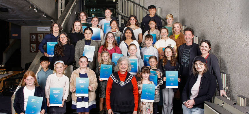 2024 Young Writers' Competition finalists winners with Mayor Sue Heins and judges