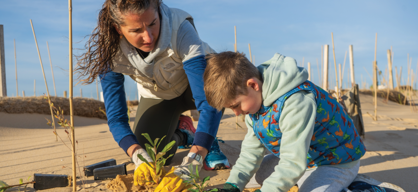 Adult and child planting trees in the dune