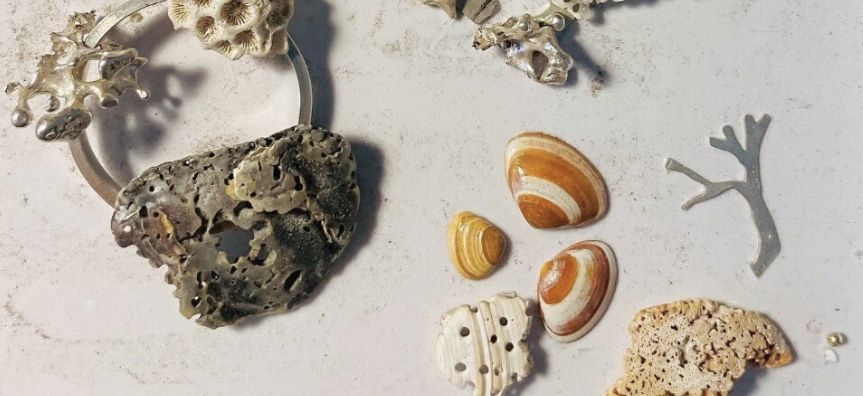 Pieces of shells and organic flotsam on a table, a few pieces assembled into a jewellery piece around a silver ring.