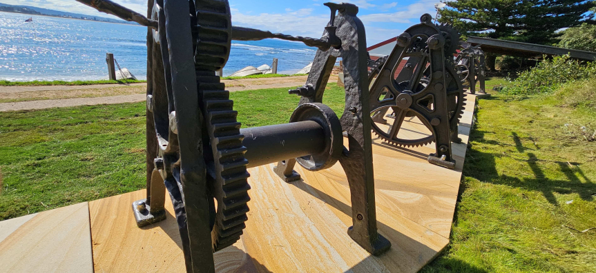 close up of restored winch at Fishermans Beach Long Reef