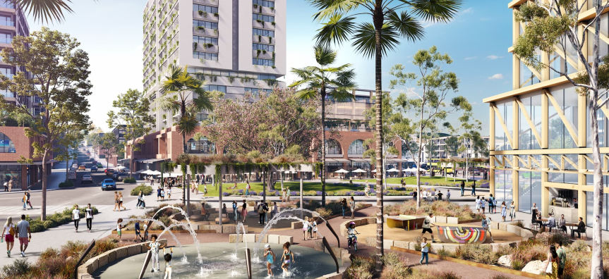 Potential future Town Square with water feature and view up Dale St