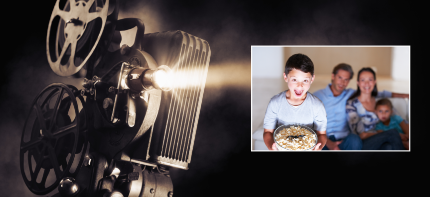 Popcorn bowl with a fake spider and a family