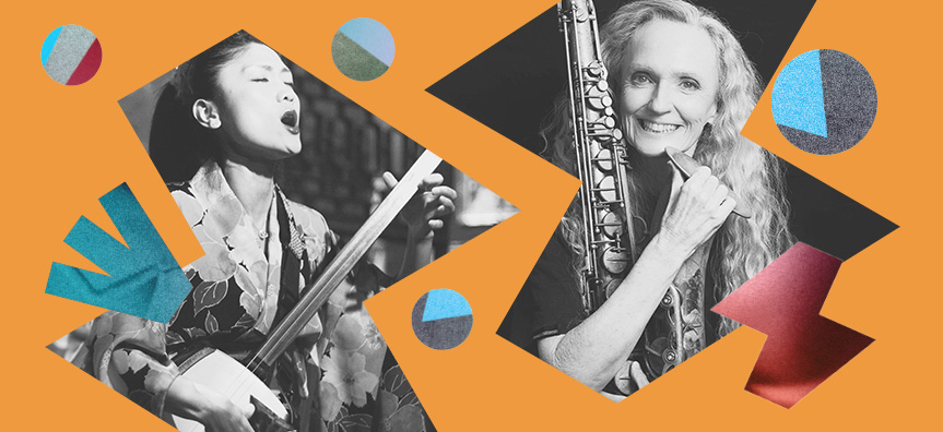 Graphic combining photos of Noriko playing a shamisen and Sandy holding a saxophone