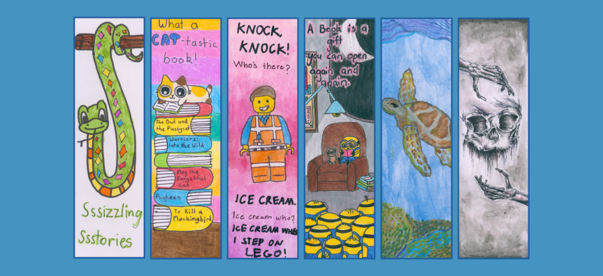 Six artistic designs showing the winners designs featuring snakes, cats, books, lego, minion characters, turtles and a skull