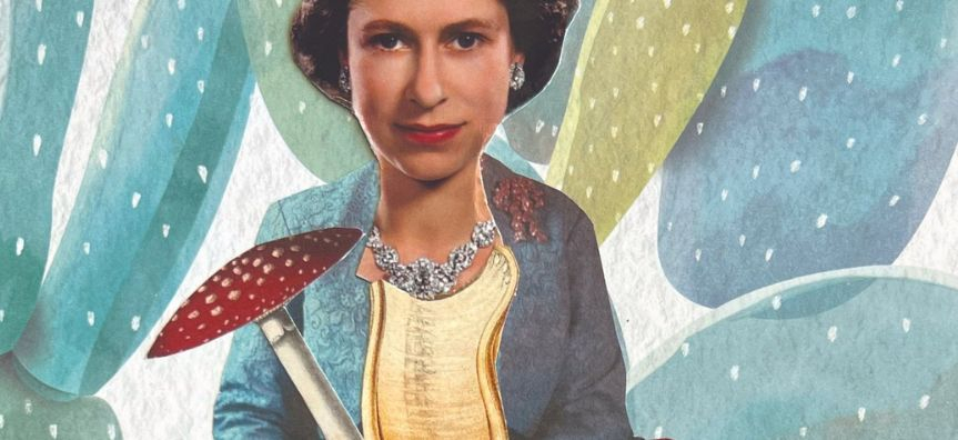 Collage of a young Queen Elizabeth II holding a mushroom as a scepter with a background painted with organic blue shapes